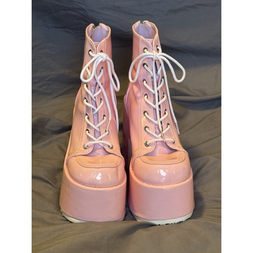Demonia CAMILLE-203 Pink Patent Platform Lace-Up Rainbow Zipper Ankle Boots US 8